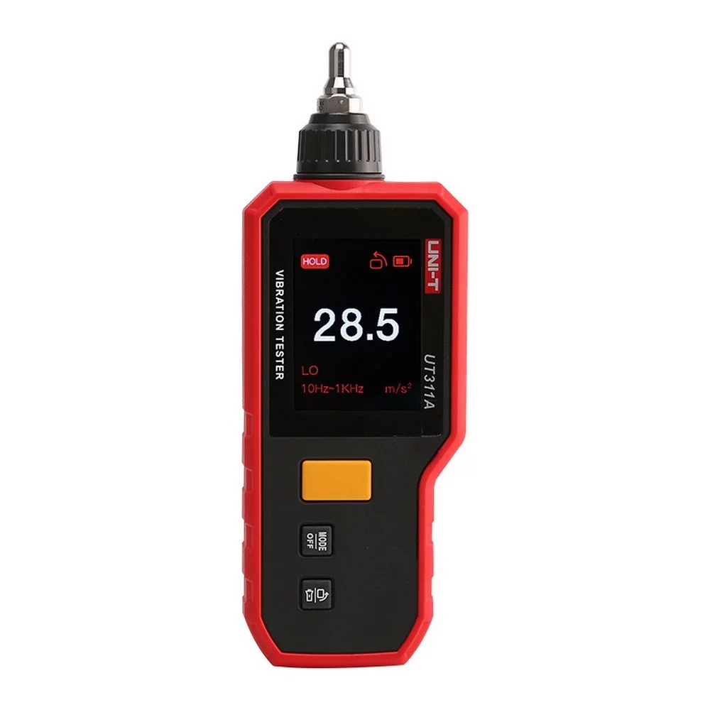 Виброметр UNI-T UT311A Ускорение (O-P): 0,1~199,9 м/ с², частотная характеристика: 10 Гц-15 кГц, Скорость (RMS): 0,1~199,9 мм/ с, частотная характеристика: 10 Гц~1,5 кГц, Смещение (PP): 0,001 ~ 1999 мкм, частотная характеристика: 10 Гц ~ 1 кГц фонарик, по