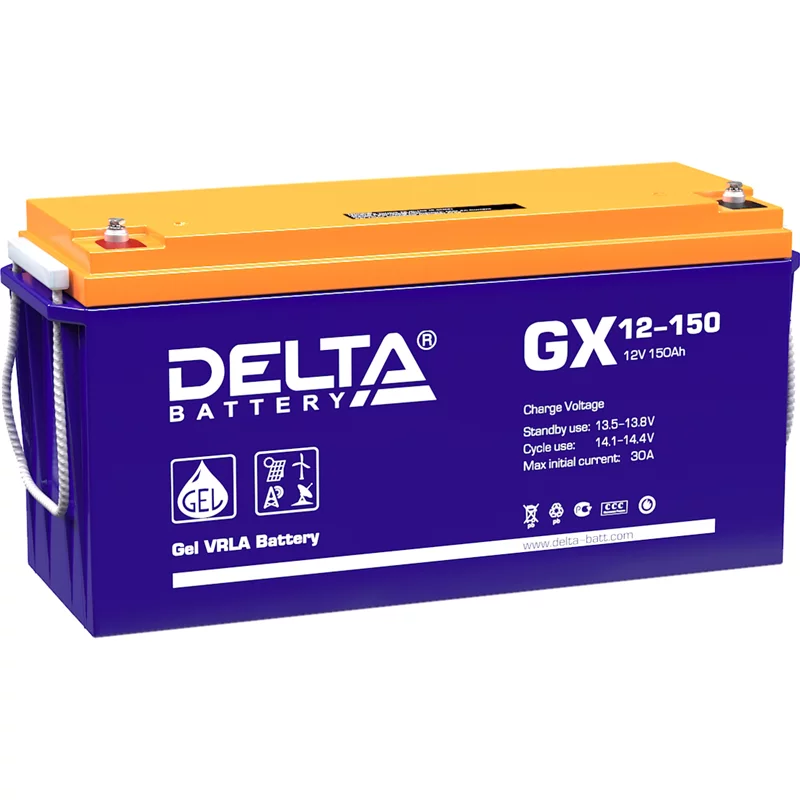 Батарея DELTA серия GX, GX 12-150, напряжение 12В, емкость 150Ач (разряд 10 часов), макс. ток разряда (5 сек.) 1000А, макс. ток заряда 30А, свинцово-кислотная типа GEL, клеммы под болт М8, ДxШxВ 482х170х240мм., вес 47кг., срок службы 15 лет./ Battery DEL