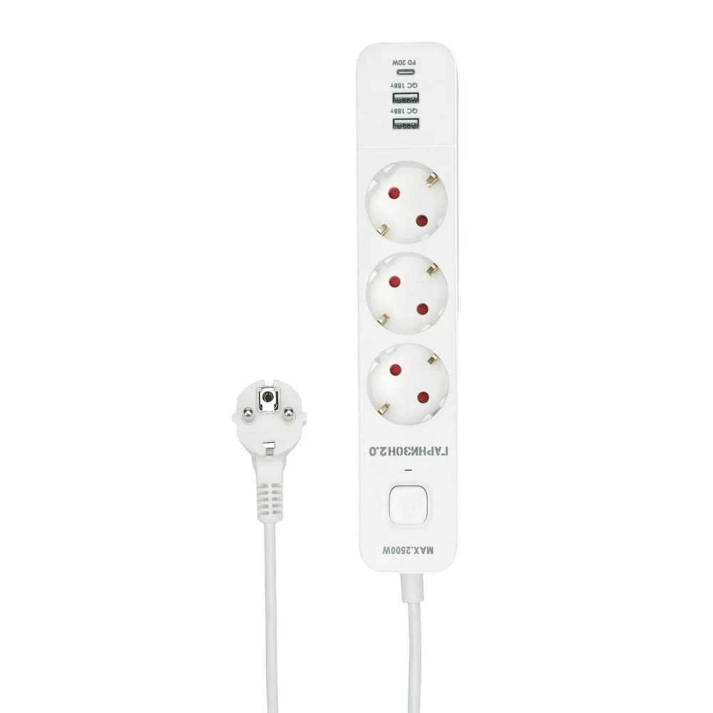 Гарнизон Сетевой фильтр EPS-3-CU2-W-2 2.0 Мультипорт 3р, 10А, 1xType-C PD, 2 х USB QC, 2м, ур.защиты 2+, белый, пак (21448)