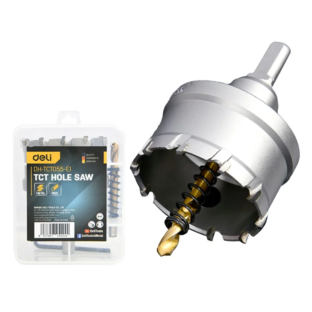 Коронка по металлу твердосплавная с центрирующим сверлом Deli DH-TCT055-E1 диаметр 55мм, шестигранный хвостовик