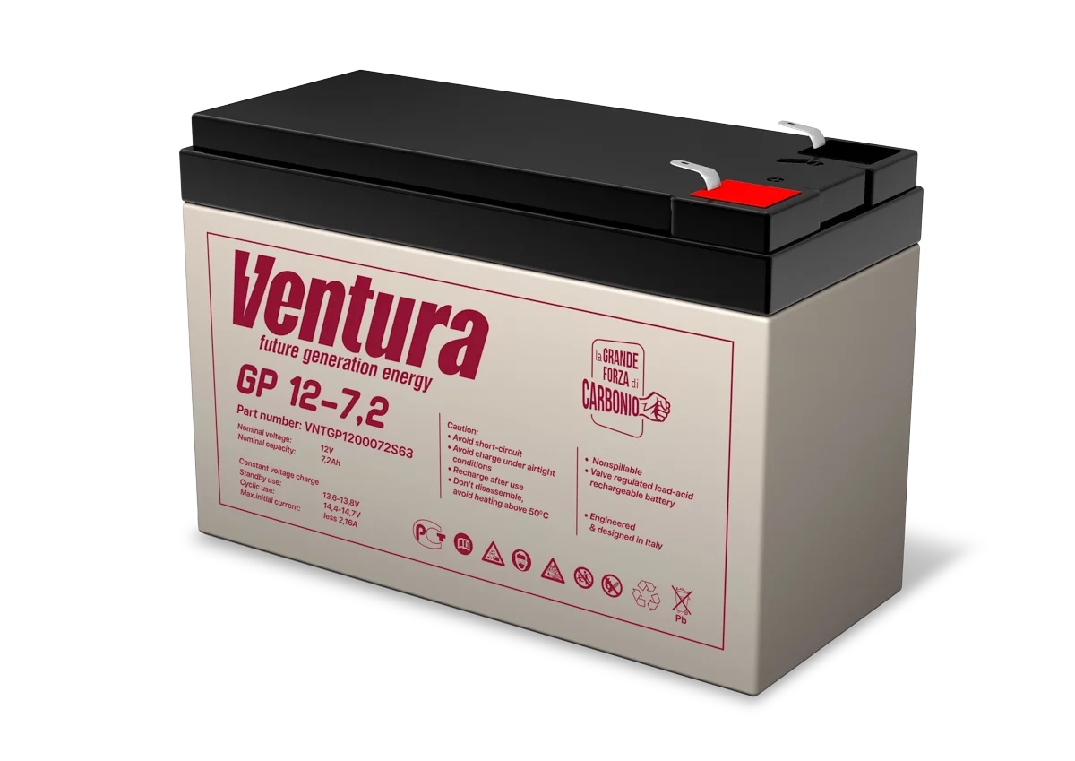 Батарея Ventura серия GP, GP12-7.2, напряжение 12B, емкость 7.2Ач (разряд 20 часов), макс. ток заряда 1.8А, свинцово-кислотная типа AGM, клеммы T2, ДШВ 151х65х100мм, вес 2.15кг/ Ventura battery G