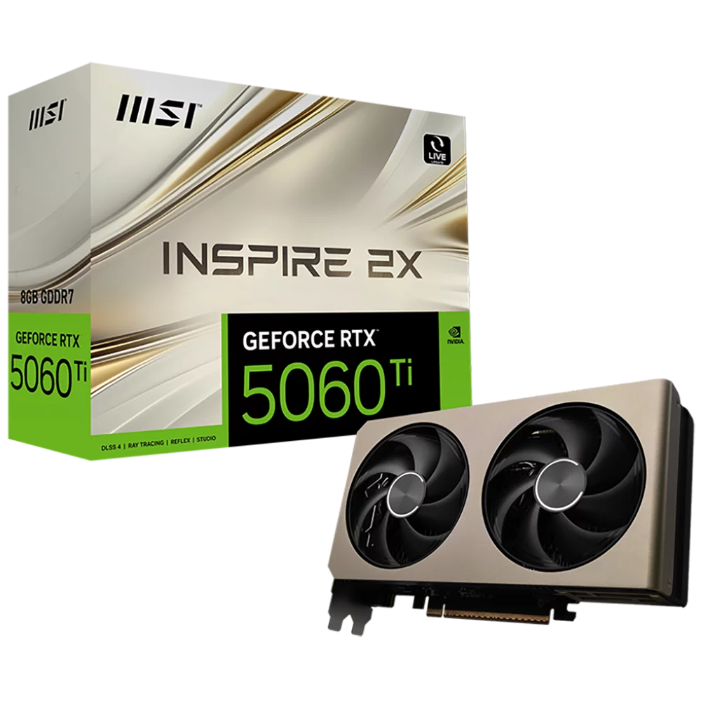 Видеокарта MSI PCI-E 5.0 RTX 5060TI 8G INSPIRE 2X NVIDIA GeForce RTX 5060TI 8Gb 128bit GDDR7 2572/28000 HDMIx1 DPx3 HDCP Ret (RTX 5060 TI 8G INSPIRE 2X)