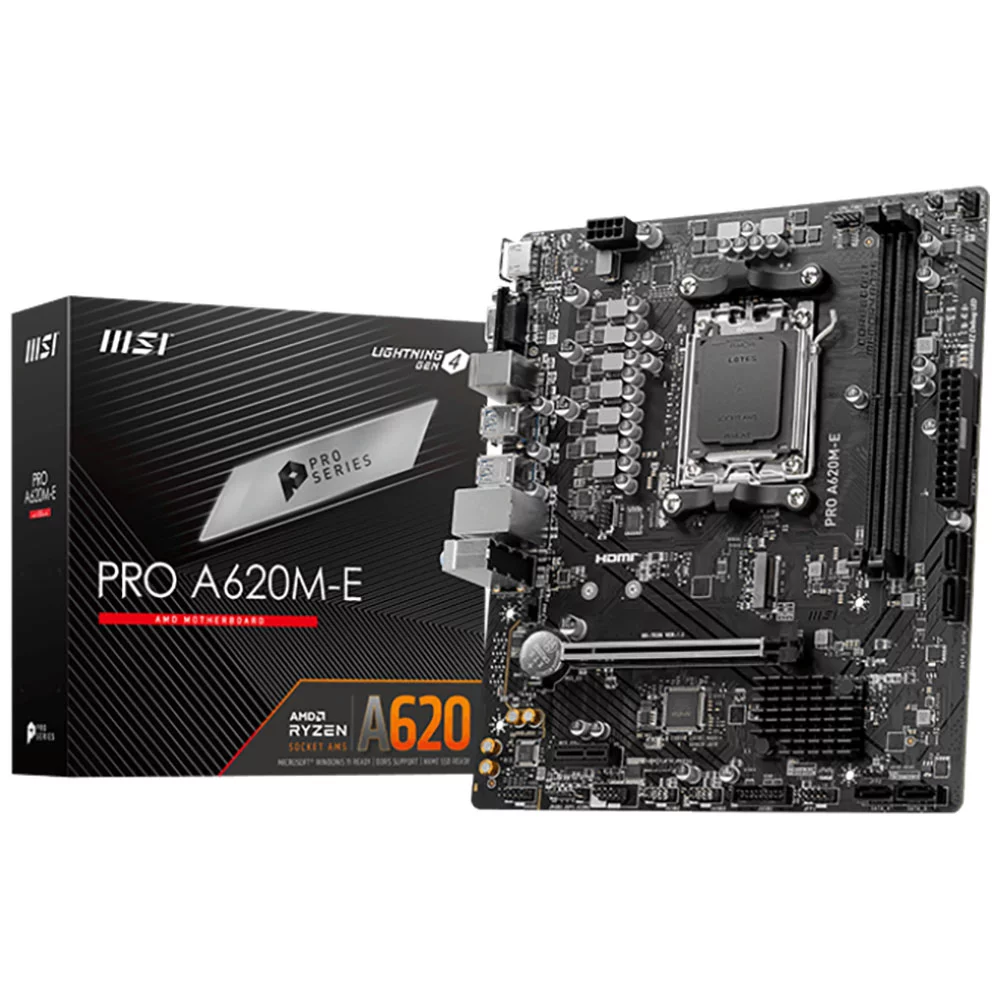 Материнская плата/ MB MSI AMD A620 sAM5, 2xDDR5(96GB), D-SUB/HDMI 2.1, 1xPCIe 4.0x16, 1xPCIe 3.0, 1xLAN, 4xSATA 6Gb/s, 1xM.2, 4xUSB 3.2, 2xUSB 2.0, 2xPS/2, mATX (PRO A620M-E)