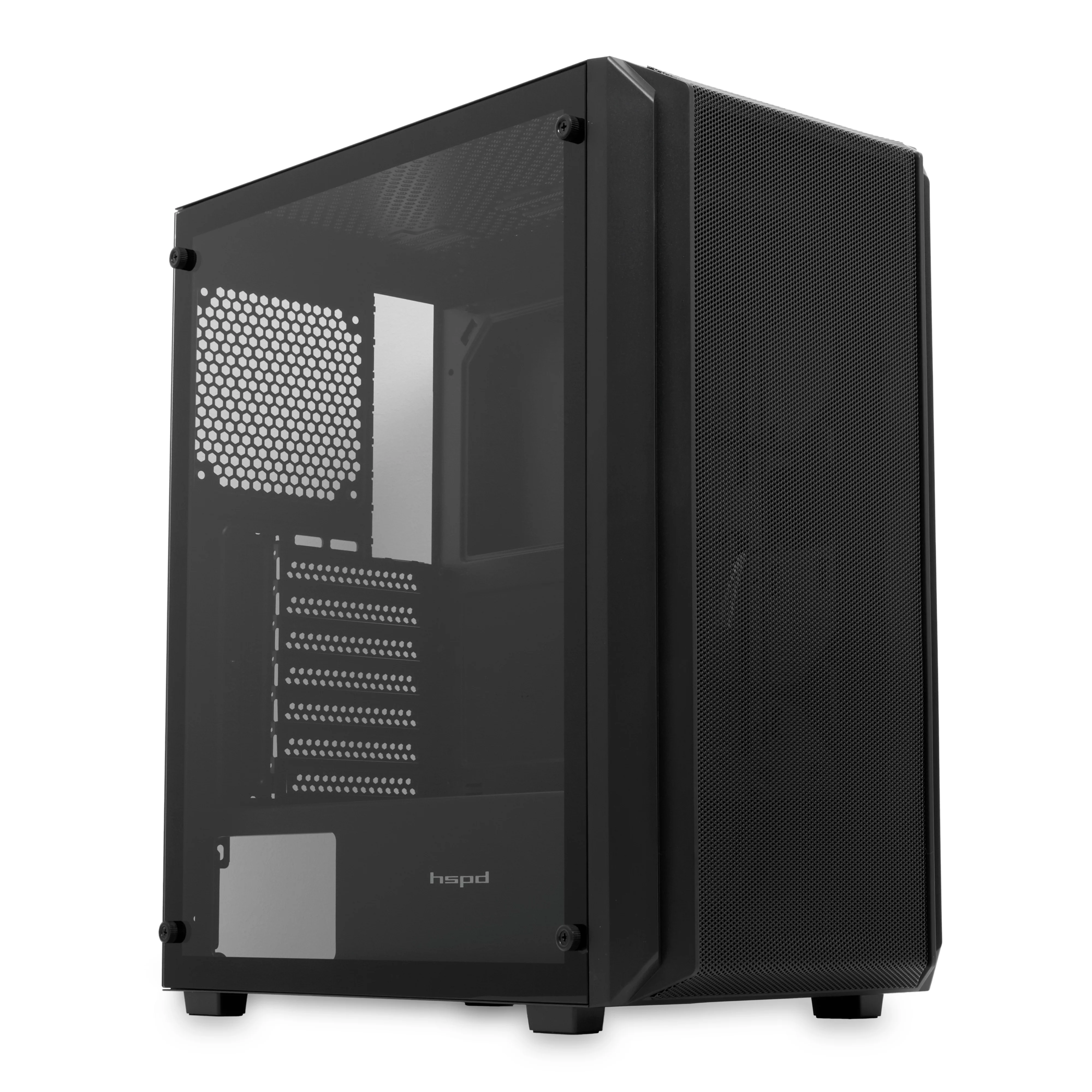Корпус без блока питания/ Case HSPD M730, Mesh Mid Tower, Black, TG, 0.4 SPCC, no fans, E-ATX, ATX, mATX, mITX, 155/280/175-200mm, 2x2.5", 2x3.5", 7xPCI, 1xUSB-A 3.0, 2xUSB-A 1.0, 335x193x445mm (M730-TGBK)