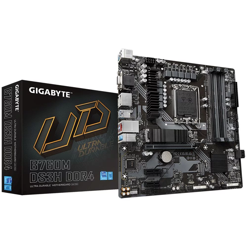 Материнская плата Gigabyte B760M DS3H DDR4, Socket 1700, Intel®B760, 4xDDR4-3200, D-SUB+HDMI+DP+DP, 1xPCI-Ex16, 2xPCI-Ex1, 4xSATA3(RAID 0/ 1/ 5/ 10), 2xM.2, 8Ch Audio, 2,5GbLan, (2+4)xUSB2.0, (3+2)xUSB3.2, (1+0)x (B760M DS3H DDR4||OEM)