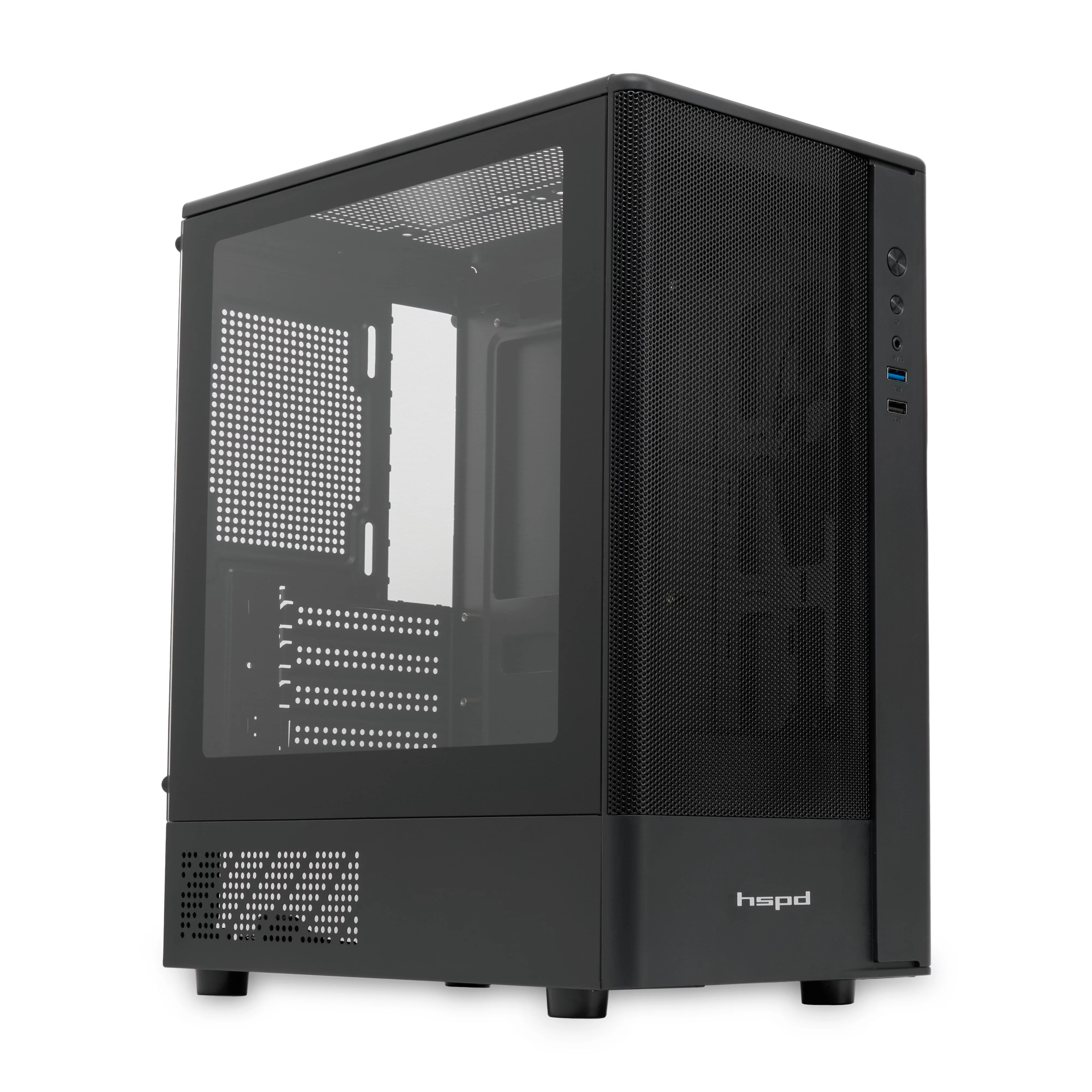 Корпус без блока питания/ Case HSPD M332, Mesh Mini-tower, Black, TG, 0.4 SPCC, no fans, mATX, mITX, 160/285/170mm, 1x2.5", 1x3.5", 4xPCI, 1xUSB-A 3.0, 1xUSB-A 1.0, 387x197x325mm (M332-TGBK)