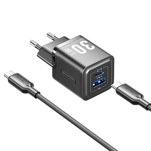 Набор для зарядки Vention з/у GaN 30W 2 порта USB (C + A) и кабель USB-C 3А Чёрный, шт. (TZ-FEQB0-EU-01)