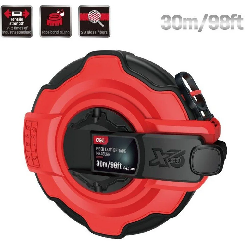 Мерная лента Deli DL9930Y 30м x 14,5мм, ударопрочный корпус с резиновыми вставками, полотно из стекловолокна и ПВХ, увеличенная скорость сматывания ленты Bad Pack (DL9930Y||BP)