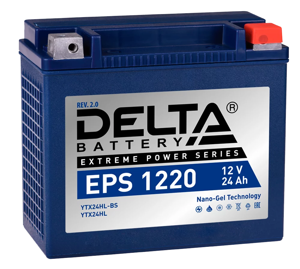Аккумуляторная батарея для мото-техники/ DELTA серия EPS, EPS 1220, напряжение 12В, емкость 24 Ач (разряд 10 часов 10.5 В), пусковой ток: 340А, полярность обратная ( - +), тип AGM;GEL (гелевый), кле