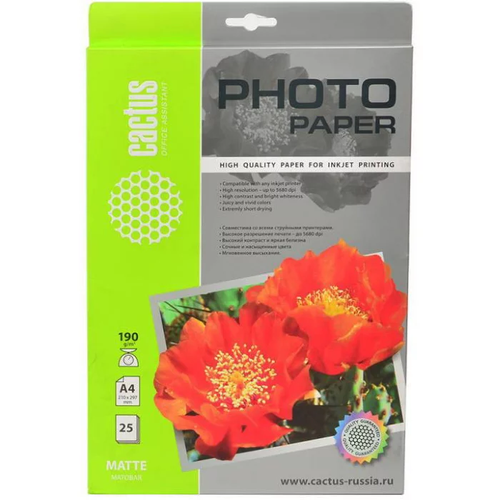 Фотобумага Cactus CS-MA419025 A4/190г/м2/25л./белый матовое для струйной печати