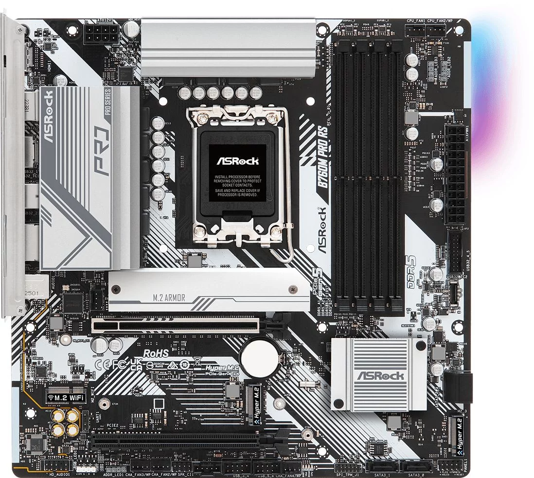 Материнская плата ASROCK B760M PRO RS, LGA1700, B760, 4*DDR5, 4*SATA, 3*M.2, 3*USB 3.2, 2*USB 2.0, Type-C, 2*PCIx16, 1xM.2 (Key E), HDMI+DP, mATX
