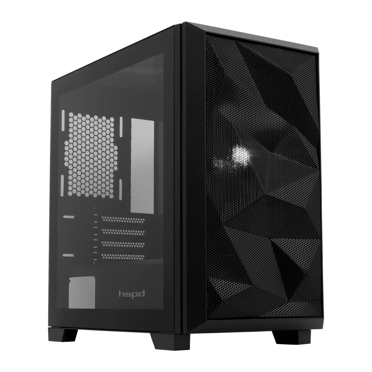 Корпус без блока питания/ Case HSPD M340, Mesh Mid Tower, Black, TG, 0.5 SPCC, no fans, mATX, mITX, 165/350/200mm, 2x2.5", 2x3.5", 4xPCI, 1xUSB-A 3.0, 2xUSB-A 2.0, 415x220x410mm (M340-TGBK)