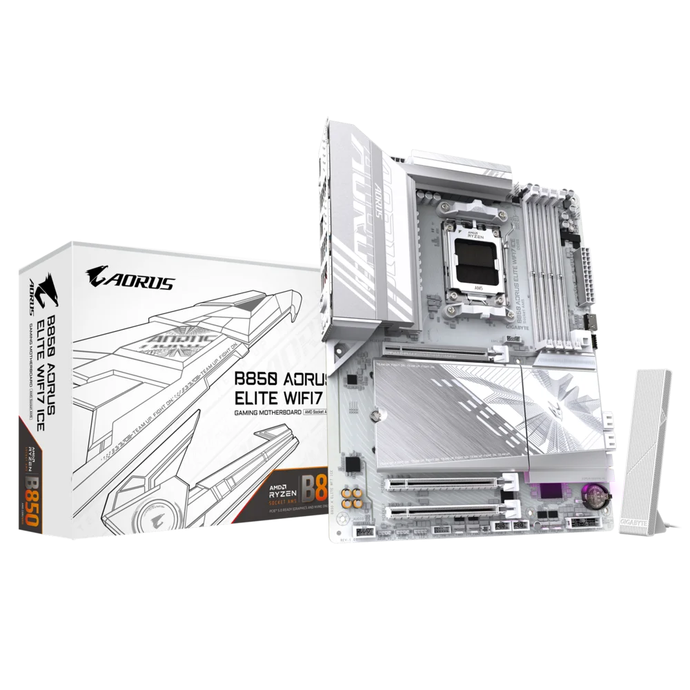 Материнская плата GIGABYTE B850 AORUS ELITE WIFI7 ICE, AM5, B850, 4*DDR5, 4*SATA, 3*M.2, 6*USB 3.2, 4*USB 2.0, Type-C, 2*PCIx16, DP+HDMI, ATX (B850 A ELITE WF7 ICE)