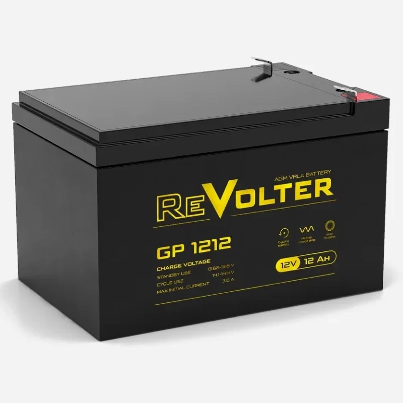 Батарея REVOLTER серия GP, REVOLTER GP 1212, напряжение 12В, емкость 14Ач (разряд 20 часов), макс. ток разряда (5 сек.) 180А, макс. ток заряда 3.6А, свинцово-кислотная типа AGM, клеммы F2, ДxШxВ 151х