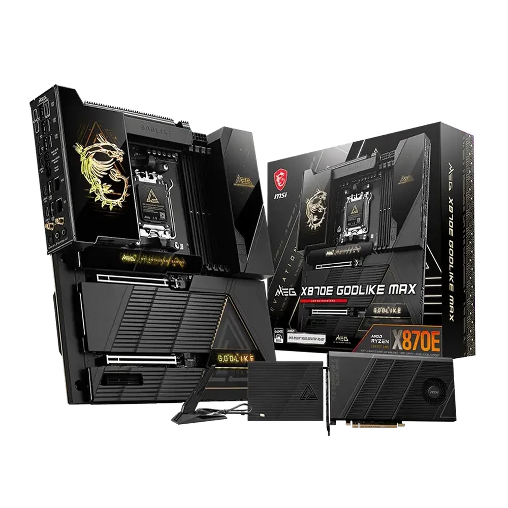 Материнская плата MSI MEG X870E GODLIKE MAX X870E, AM5, 4*DDR5, 2*PCIEx16, 1*PCIEx4, 5*M.2, 5*TypeC, 8*USB3.2Gen2, 4*USB3.2Gen1, 4*USB2.0, 4*SATA3.0, 10G, 5G, 2*TypeC(DP), Е-ATX, RTL