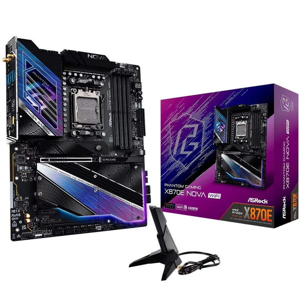 Материнская плата ASROCK X870E NOVA WIFI, AM5, X870E, 4*DDR5, 4*SATA, 5*M.2, 2*USB 2.0, 8*USB 3.2, 2*Type-C, 2*PCIx16, 1*PCIx1, 1*M.2 (Key E), HDMI, ATX