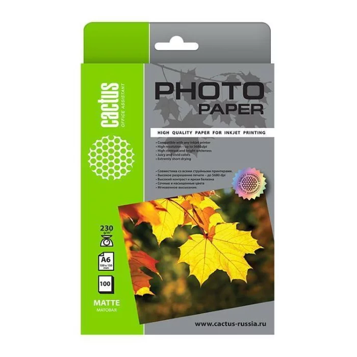 Фотобумага Cactus CS-MA6230100 10x15/230г/м2/100л./белый матовое для струйной печати