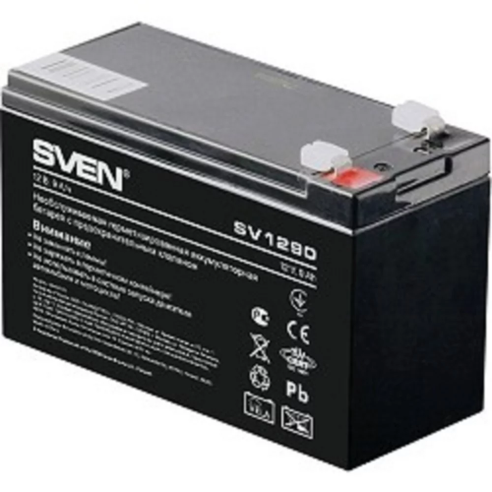Батарея SVEN SV 1290 (12V 9Ah), напряжение 12В, емкость 9А*ч, макс. ток разряда 128А, макс. ток заряда 2.7А, свинцово-кислотная типа AGM, тип клемм F2, Д (SV-0222009)