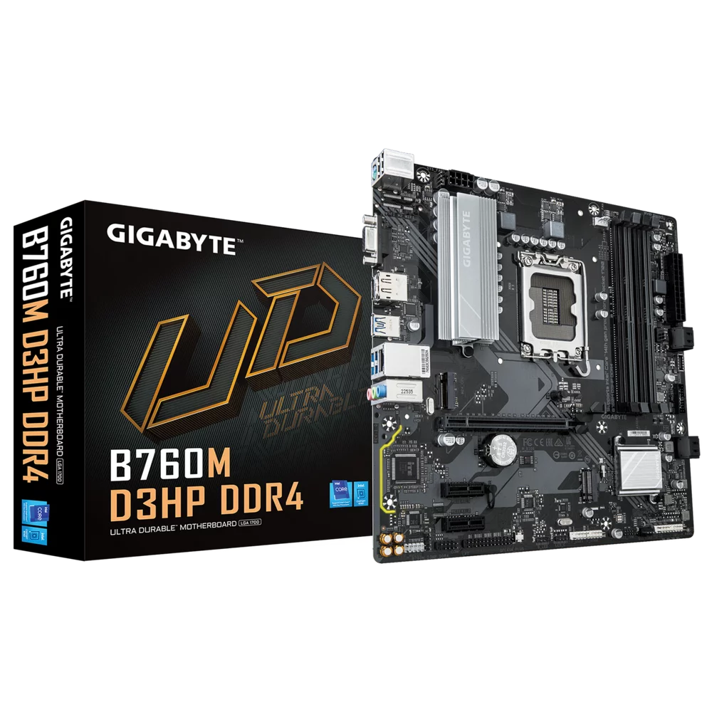 Материнская плата Gigabyte Bad Pack B760M D3HP DDR4, Socket 1700, Intel®B760, 4xDDR4-3200, D-SUB+HDMI+DP, 1xPCI-Ex16, 2xPCI-Ex1, 4xSATA3(RAID 0/ 1/ 5/ 10), 2xM.2, 8Ch Audio, GLan, (2+4)xUSB2.0, (3+2)xUSB3.2, (0+1) (B760M D3HP DDR4||BP)