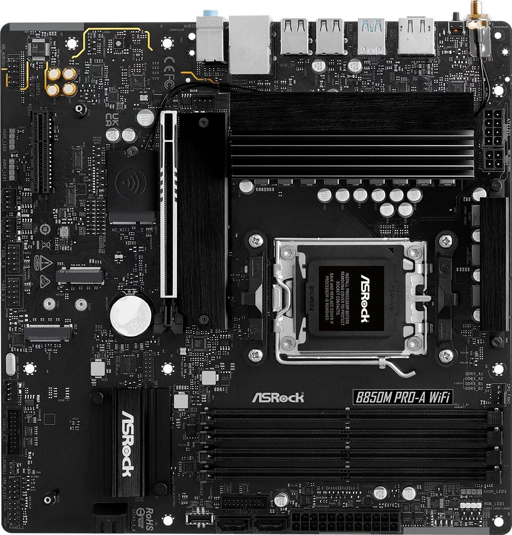 Материнская плата ASROCK B850M PRO-A WIFI, AM5, B850, 4*DDR5, 4*SATA, 4*M.2, 4*USB 2.0, 3*USB 3.2, 2*Type-C, 2*PCIx16, 1*M.2 (Key E), HDMI+DP, mATX