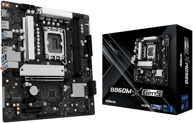 Материнская плата ASROCK B860M-X Gen5, LGA1851, B860, 2*DDR5, 4*SATA, 2*M.2, 3*USB 3.2, 2*USB 2.0, Type-C, 2*PCIx16, 1*M.2 (Key E), HDMI+DP, mATX