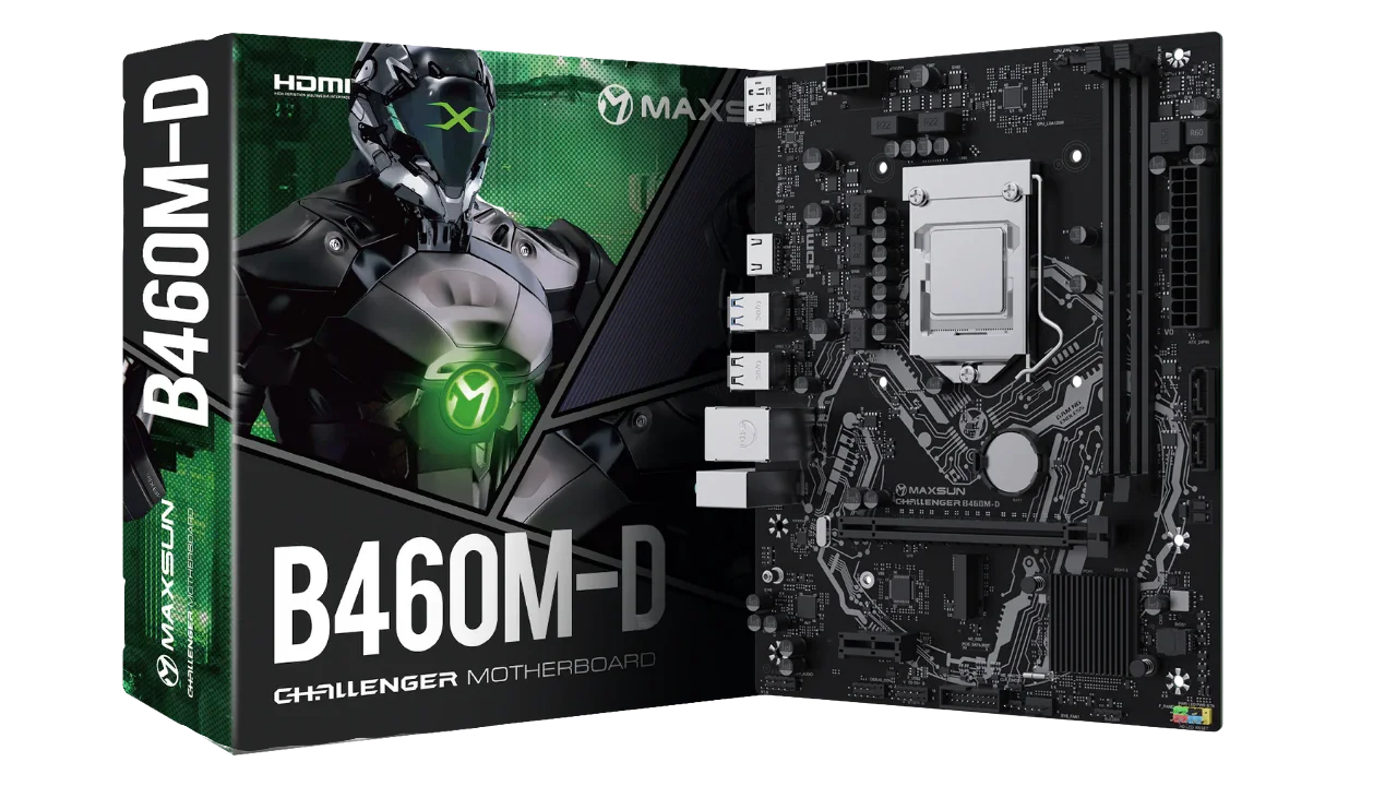MAXSUN MS-Challenger B460M-D (Socket 1200, mATX, 2*DDR4(64Gb), DP/HDMI, 2*SATA3, 1*M.2, 1xPCI-E x16 /1xPCI-E x, 4*USB 2.0, 2*USB 3.2 Gen1 , LAN 1*1G, RTL)