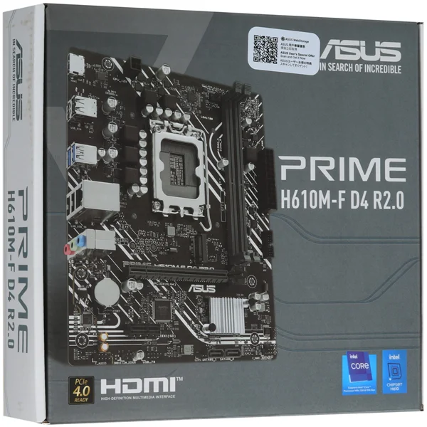 Материнская плата ASUS PRIME H610M-F D4 R2.0, LGA1700, H610, 2*DDR4, 2*SATA, 1*M.2, 2*USB 3.2, 4*USB 2.0, 1*PCIx16, 1*PCIx1, HDMI, mATX; 90MB1H70-M0EAY0