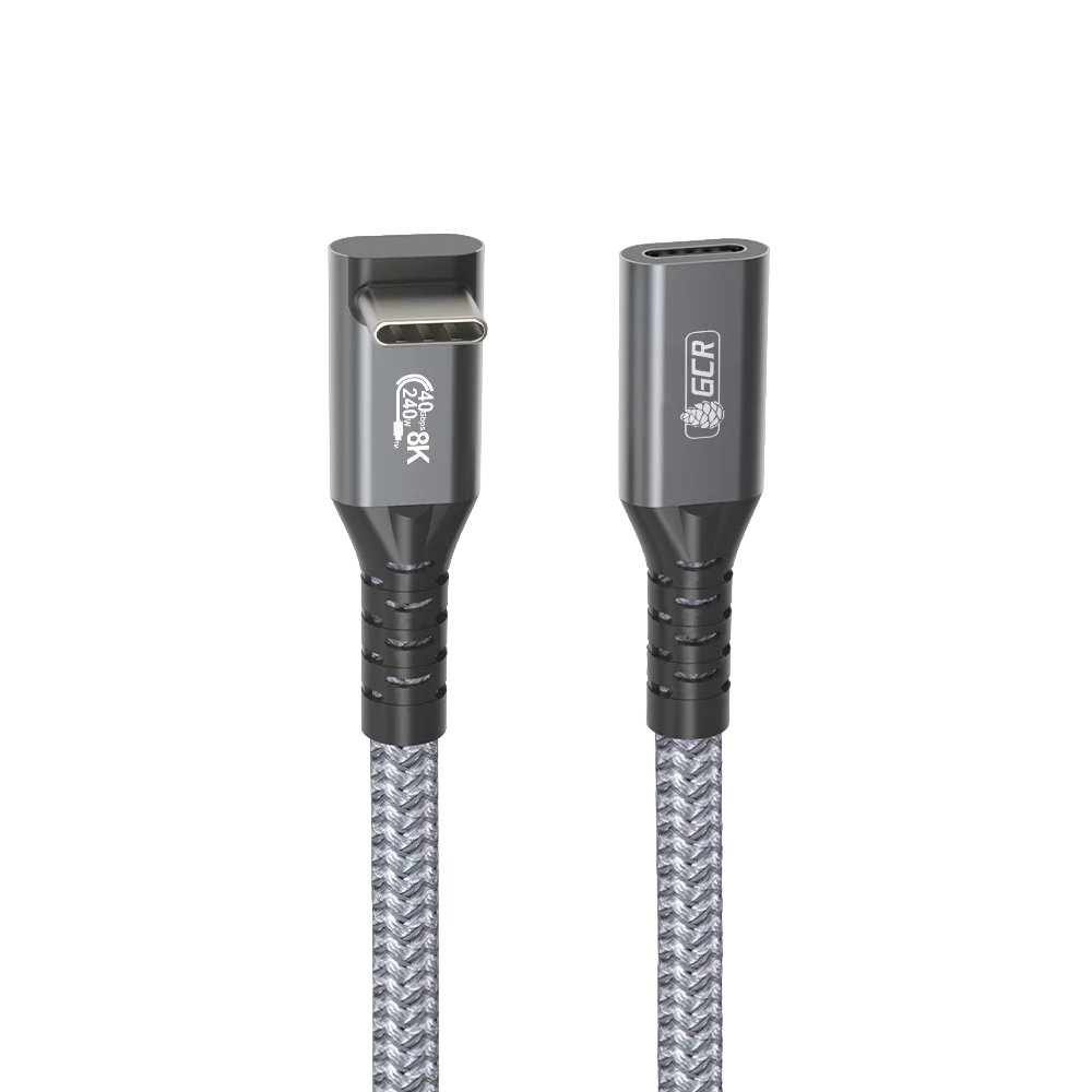 GCR PRO Удлинитель USB4 Type-C, 0.2m, угловой, 40Gbps, 240W, 8K60Hz, M/F, штекер Г-образный верх-низ, текстиль, серый, GCR-57138