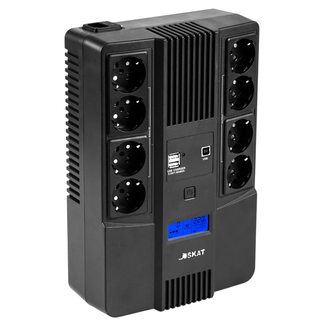 Источник бесперебойного питания (8934) SKAT-UPS 1000-AID-IN-1X9-8 ИБП 220В 600Вт,LCD,АКБ 1x 9Ач,line interactive, мод.синус, 8хSchuko,1xUSB