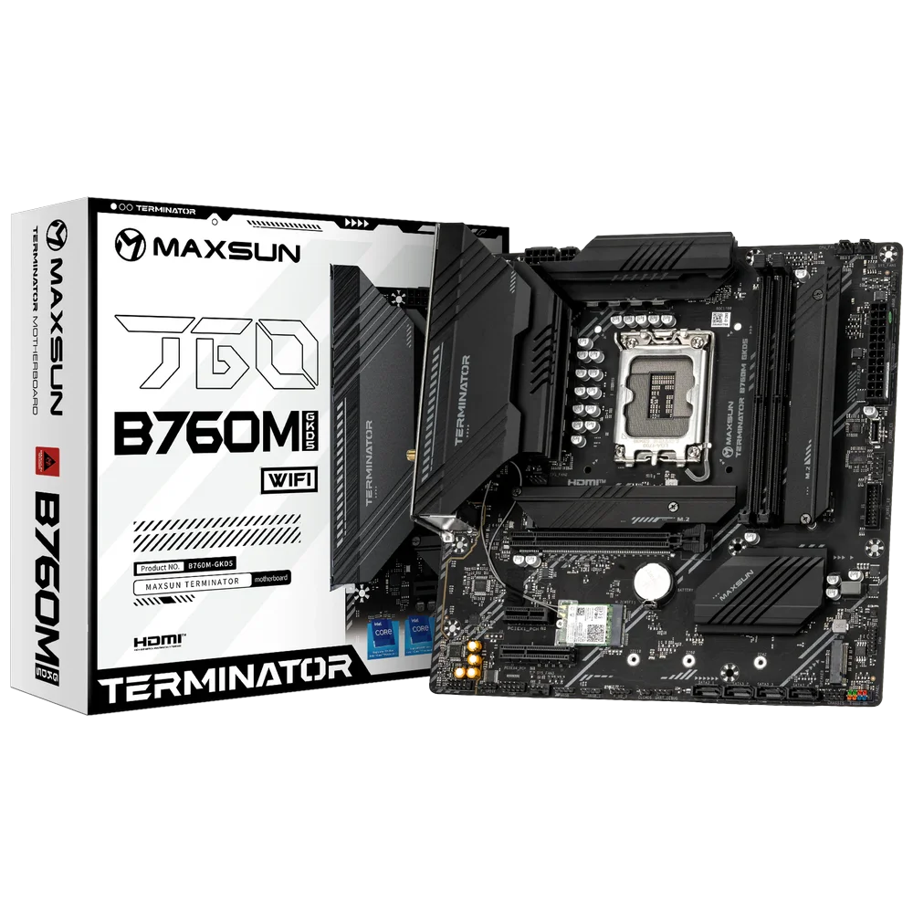 Материнская плата Maxsun MS-Terminator B760ITX D4 WIFI V3 LGA1700, B760, 2xDDR4, 1*PCIEx16, 2*M.2, 2xTypeC, 5*USB3.2Gen1, 5*USB2.0, 4*SATA3.0, 2.5G, VGA, HDMI, Mini-ITX, RTL (6940709662854)