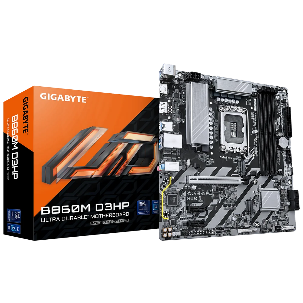 Материнская плата Gigabyte Bad Pack B860M D3HP, Socket 1851, Intel®B860, 4xDDR5-6400, HDMI+DP, 1xPCI-Ex16, 2xPCI-Ex1, 4xSATA3(RAID 0/ 1/ 5/ 10), 2xM.2, 8Ch Audio, GLan, (2+4)xUSB2.0, (3+2)xUSB3.2, (0+1)xUSB Type-C™, 1xPS/ 2, mATX, RTL bp (B860M D3HP||BP)