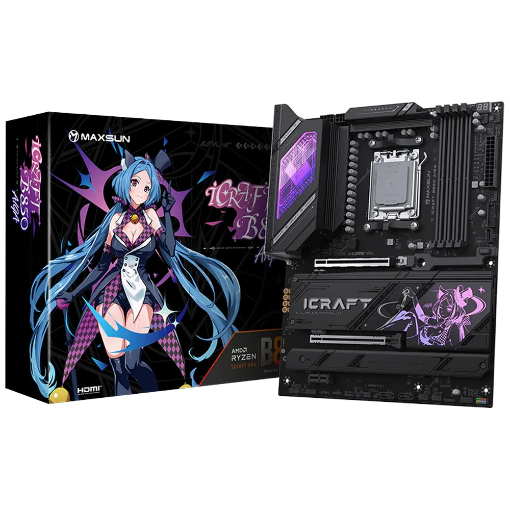 Материнская плата Maxsun MS-iCraft B850 AIGA B850, AM5, 4*DDR5, 2*PCIEx16, 1*PCIEx1, 4*M.2, 2*TypeC, 1*USB3.2Gen1, 4*USB3.2Gen2, 6*USB2.0, 2*SATA3.0, 5G, DP, HDMI, ATX, RTL (6940709663448)
