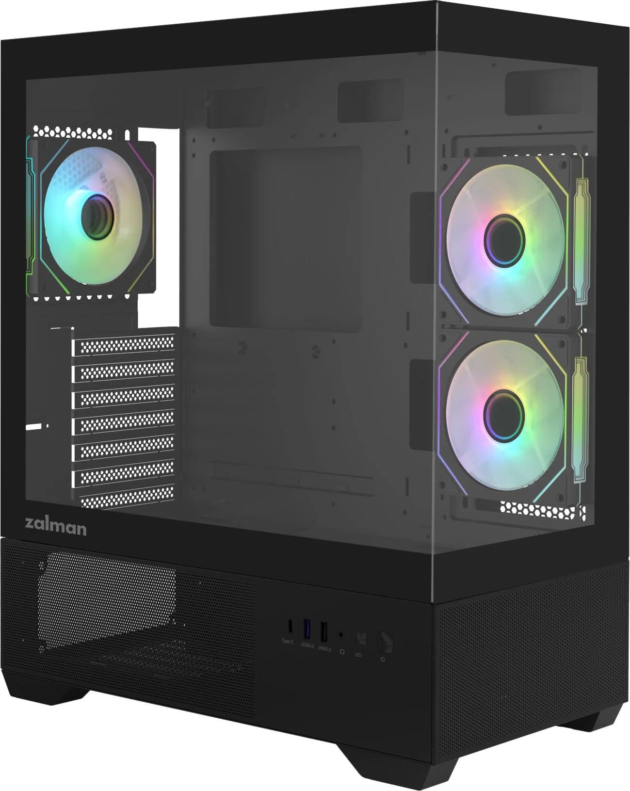 Корпус ZALMAN CHRONIX V2, ATX, BLACK, WINDOW, 1xCombo (3.5’’ or 2.5’’), 1x3.5’’HDD, 2x2.5’’SSD, 1xUSB2.0, 1xUSB3.0, 1xUSB Type-C, SIDE 2x120mm ARGB, REAR 1x120mm ARGB (CHRONIX V2 BLACK)