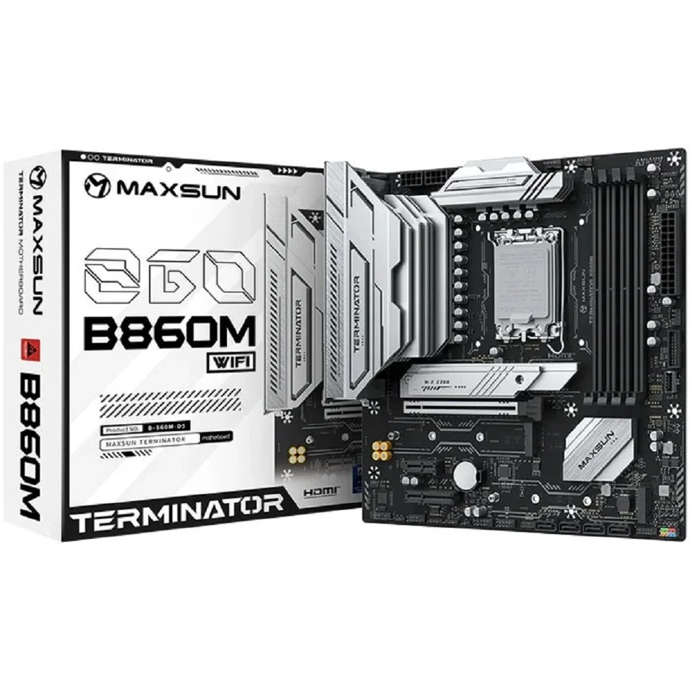 Материнская плата MAXSUN MS-Terminator B860M WIFI, LGA1851, B860, 4*DDR5, 4*SATA3, 3*M.2, USB 3.2, USB 2.0, Type-C, 1*PCIEx16, 1*PCIex4, 1*PCIex1, HDMI+DP, mATX