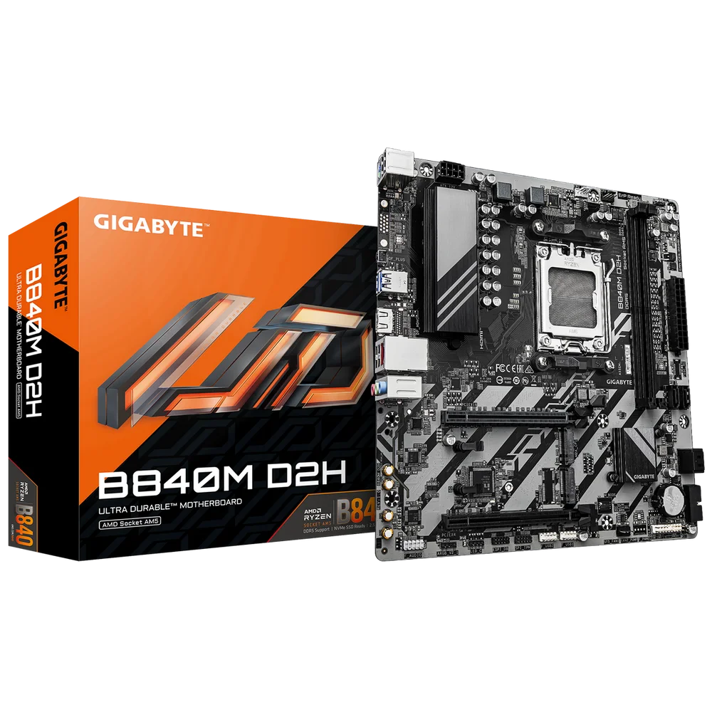 Материнская плата Gigabyte Bad Pack B840M D2H, Socket AM5, AMD B840, 2xDDR5-5200, HDMI, 2xPCI-Ex16, 4xSATA3(RAID 0/ 1/ 10), 2xM.2, 8 Ch Audio, 1x2,5GLan, (4+4)xUSB2.0, (2+2)xUSB3.2, 1xPS/ 2, mATX, RTL bp (B840M D2H||BP)