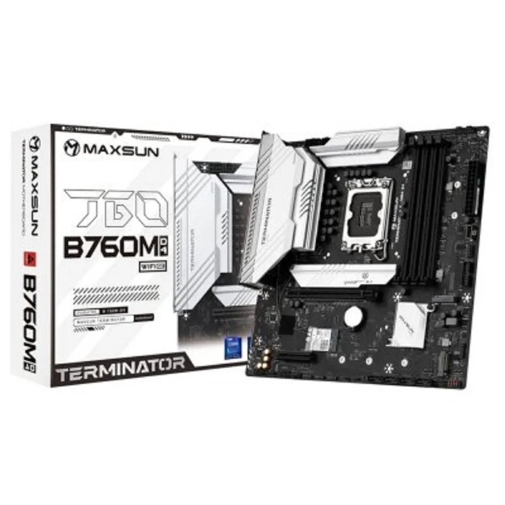 MAXSUN MS-Terminator B760M D4 WIFI6E V2 (Socket 1700, mATX, 4*DDR4(128b), DP/HDMI, 4*SATA3, 3*M.2, 1xPCI-E x16 /1xPCI-E x4, 6*USB 2.0, 2*USB 3.2 GEN2, LAN 1*2.5G, Bluetooth, Wi-Fi 802.11ax, RTL)