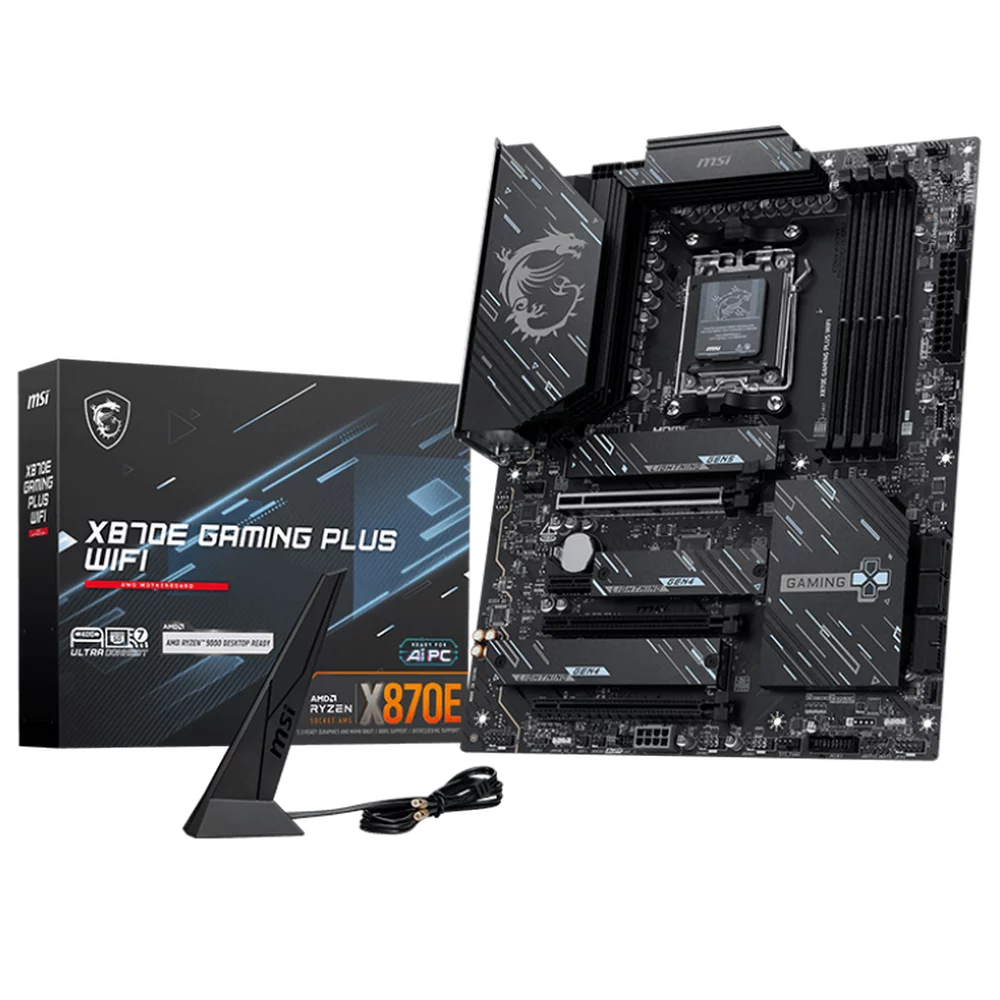 Материнская плата MSI X870E GAMING PLUS WIFI X870E, AM5, 4*DDR5, 3*PCIEx16, 1*PCIEx1, 3*M.2, 2*TypeC, 2*USB3.2Gen2, 6*USB3.2Gen1, 10*USB2.0, 4*SATA3.0, 5G, 1*Type-C(DP), HDMI, ATX, RTL
