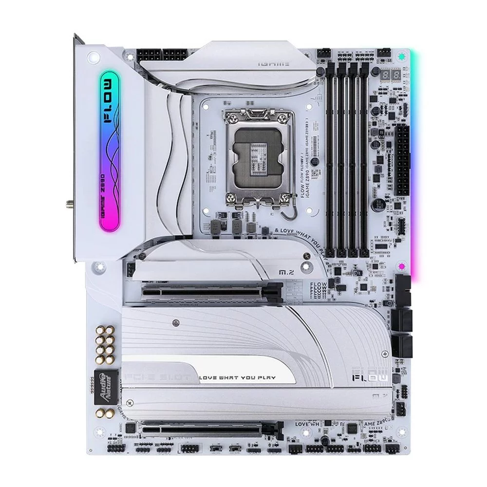 Материнская плата Colorful iGame Z890 FLOW V20 Z890, LGA1851, 4*DDR5, 2*PCIEx16, 1*PCIEx1, 5*M.2, 3*TypeC, 4*USB3.2Gen2, 2*USB3.2Gen1, 8*USB2.0, 4*SATA3.0, 2.5G, 2*Type-C(DP), DP, HDMI, ATX, RTL