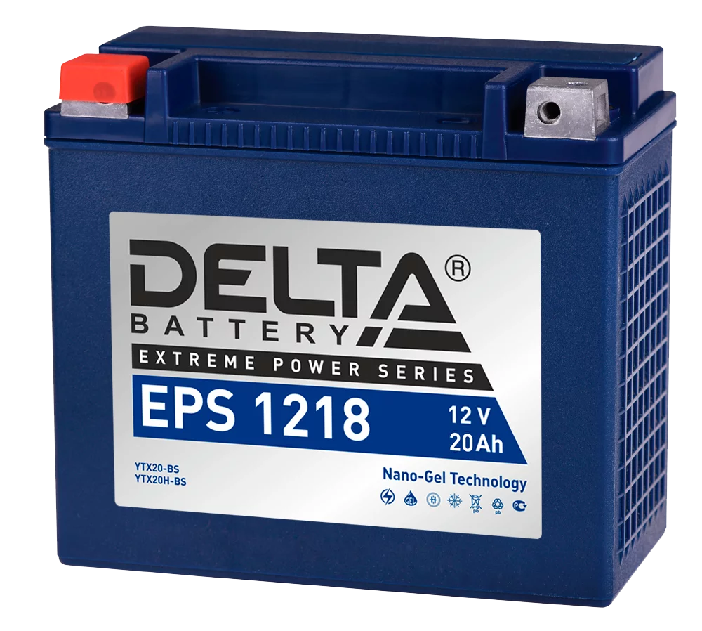 Аккумуляторная батарея для мото-техники/ DELTA серия EPS, EPS 1218, напряжение 12В, емкость 20 Ач (разряд 10 часов 10.5 В), пусковой ток: 245А, полярность обратная ( - +), тип AGM;GEL (гелевый), кле