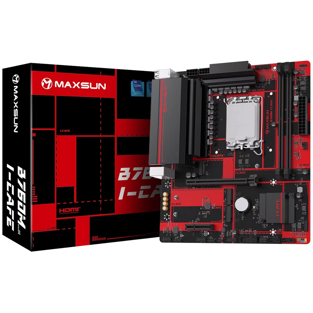 Материнская плата Maxsun MS-B760M I-CAFE B760, LGA1700, 2*DDR5, 1*PCIEx16, 1*PCIEx4, 3*M.2, 4*USB3.2Gen1, 8*USB2.0, 2*SATA3.0, 2.5G, DP, HDMI, M-ATX, RTL (6940709661611)