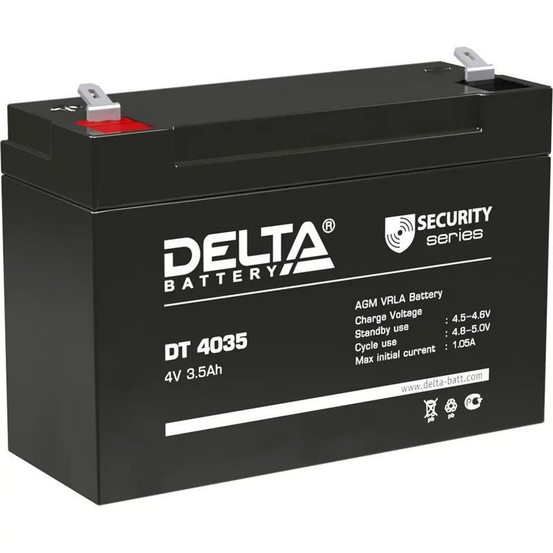 Батарея DELTA серия DT, DT 4035, напряжение 4В, емкость 3.5Ач (разряд 20 часов), макс. ток разряда (5 сек.) 52.5А, макс. ток заряда 1.05А, свинцово-кислотная типа AGM, клеммы F1, ДxШxВ 90х34х60мм., вес 0.46кг., срок службы 5 лет./ Battery DELTA series DT