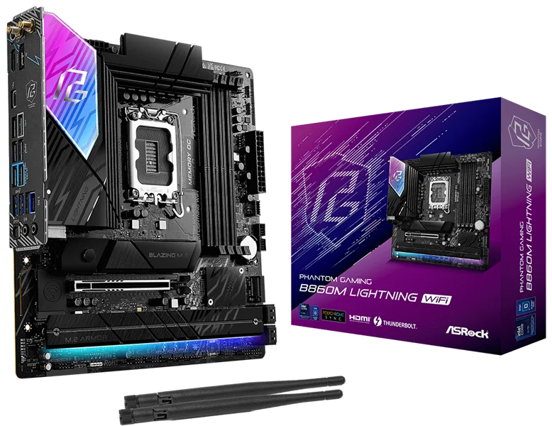 Материнская плата ASROCK B860M LIGHTNING WIFI, LGA1851, B860, 4*DDR5, 4*SATA, 4*M.2, 4*USB 3.2, 3*USB 2.0, Type-C, 2*PCIx16, 1*M.2 (Key E), HDMI+DP, mATX