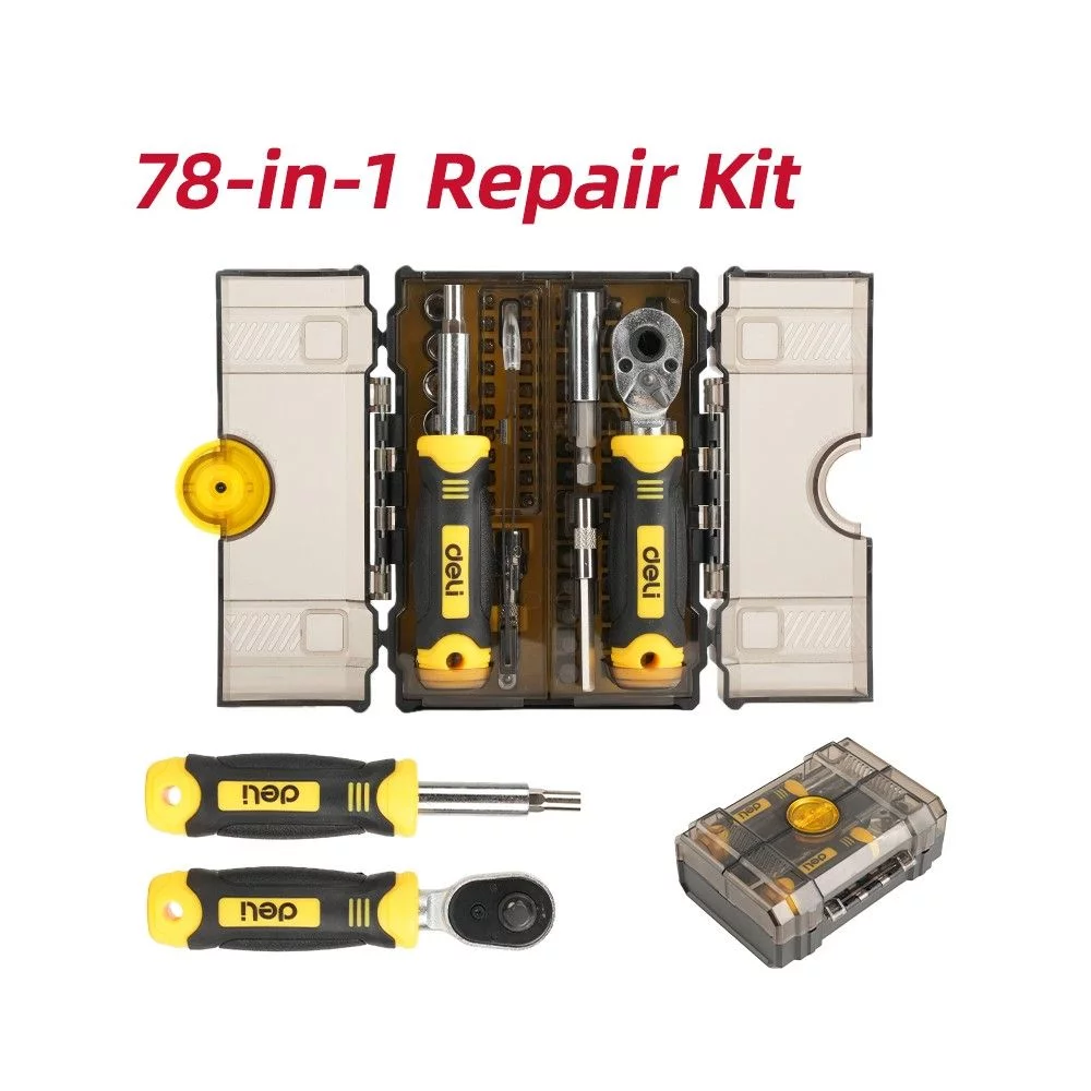 Набор бит и торцевых головок с отверткой, ключем-трещоткой и пинцетом 78-в-1 Deli DL250078 (61 бита + 9 головок + 5 удлинителей), пласт.кейс