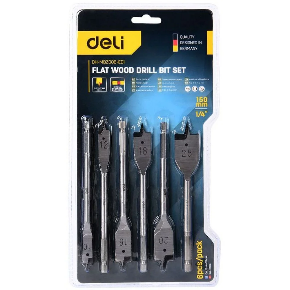 Набор Deli перовых сверл по дереву 6 шт (10/12/16/18/20/25мм) DH-MBZ006-ED1 длина 150мм, 1/4", блистер