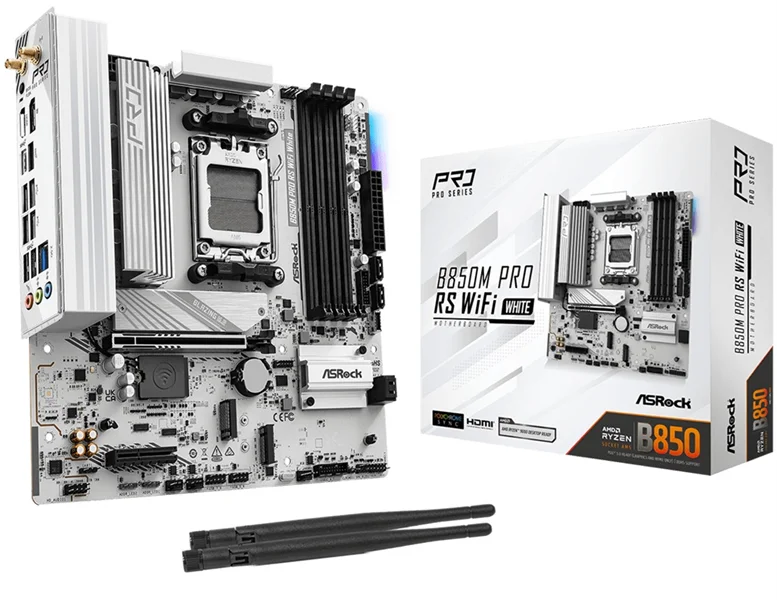 Материнская плата ASROCK B850M PRO RS WIFI WHITE, AM5, B850, 4*DDR5, 4*SATA, 3*M.2, 4*USB 2.0, 3*USB 3.2, Type-C, 2*PCIx16, 1*M.2 (Key E), HDMI+DP, mATX