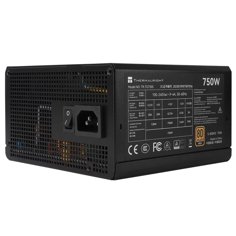 Блок питания ПК/ Power Supply Thermalright, 750W 80+ Gold (ATX, 3.0, PCIe 5.0, Non-modular, 1x24(20+4)pin, 1xCPU 8(4+4)pin, 2xPCIe*2 8(6+2)pin, 5xSATA3, 1x12+4pin (12VHPWR PCIe 5.0 12+4pin 600mm), 3xMOLEX4pin, Active, 120x120m (TR-TG 750S)