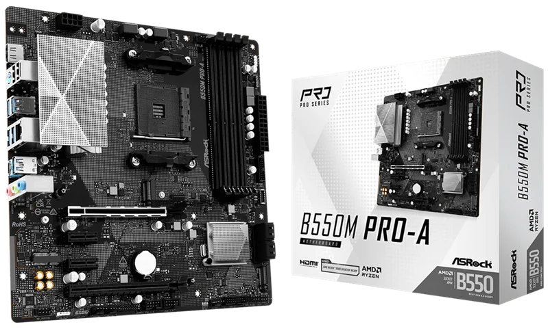 Материнская плата ASROCK B550M PRO-A, AM4, B550, 4*DDR4, 4*SATA, 2*M.2, 5*USB 3.2, 2*USB 2.0, Type-C, 6*PCIx16, 1*PCIx1, 1xM.2 (Key E), HDMI, mATX