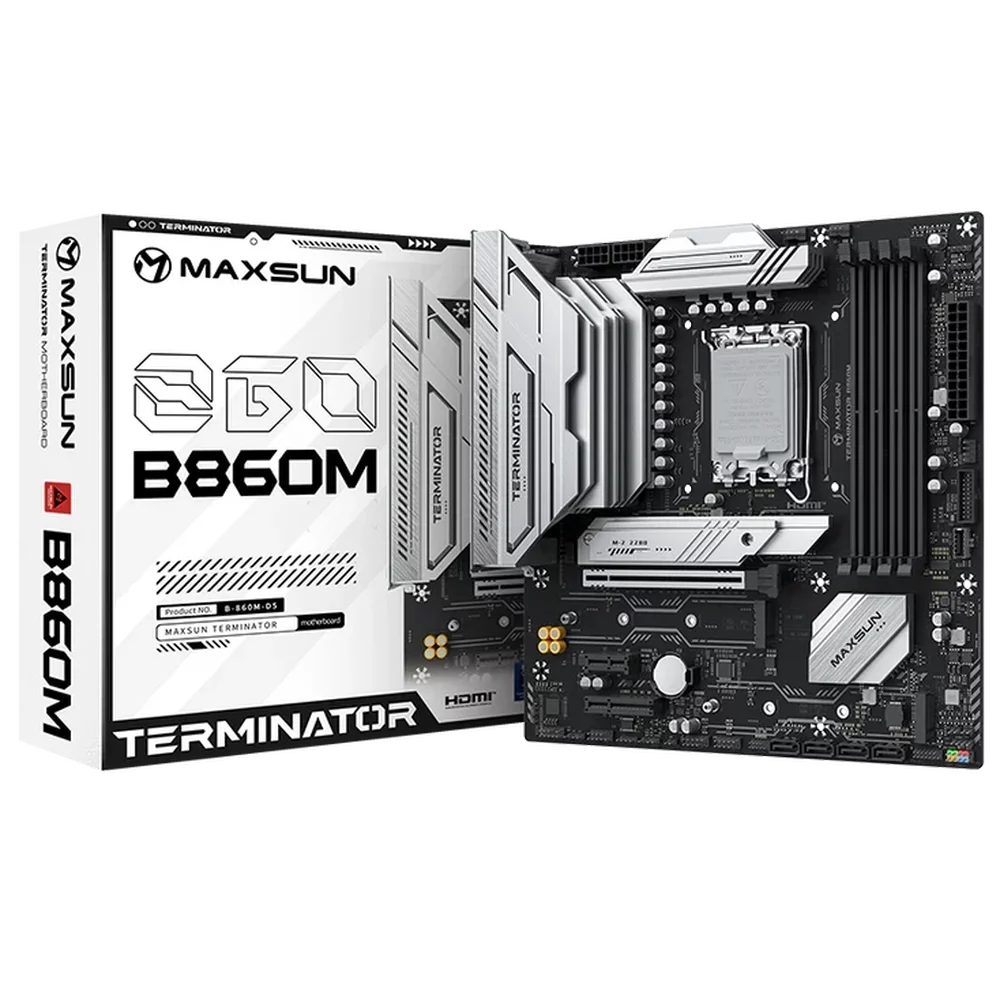 Материнская плата Maxsun MS-Terminator B860M B860, LGA1851, 4*DDR5, 1*PCIEx16, 1*PCIEx4, 1*PCIEx1, 3*M.2, 1*TypeC, 2*USB3.2Gen2, 2*USB3.2Gen1, 10*USB2.0, 4*SATA3.0, 2.5G, Type-C(DP), DP, HDMI, M-ATX, RTL (6940709661154)