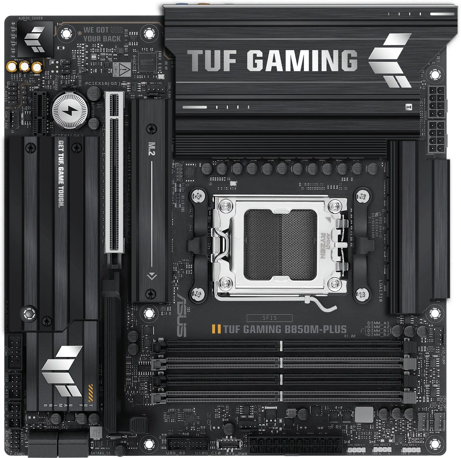 Материнская плата ASUS TUF GAMING B850M-PLUS, AM5, B850, 4*DDR5, 4*SATA, 3*M.2, 7*USB 3.2, 4*USB 2.0, Type-C, 2*PCIx16, 1*PCIx1, DP+HDMI, mATX; 90MB1IX0-M0EAY0