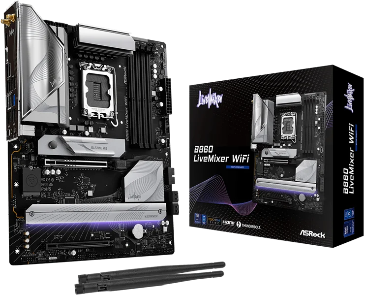 Материнская плата ASROCK B860 LIVEMIXER WIFI, LGA1851, B860, 4*DDR5, 4*SATA, 3*M.2, 6*USB 3.2, 6*USB 2.0, Type-C, 2*PCIx16, 1*M.2 (Key E), HDMI, ATX